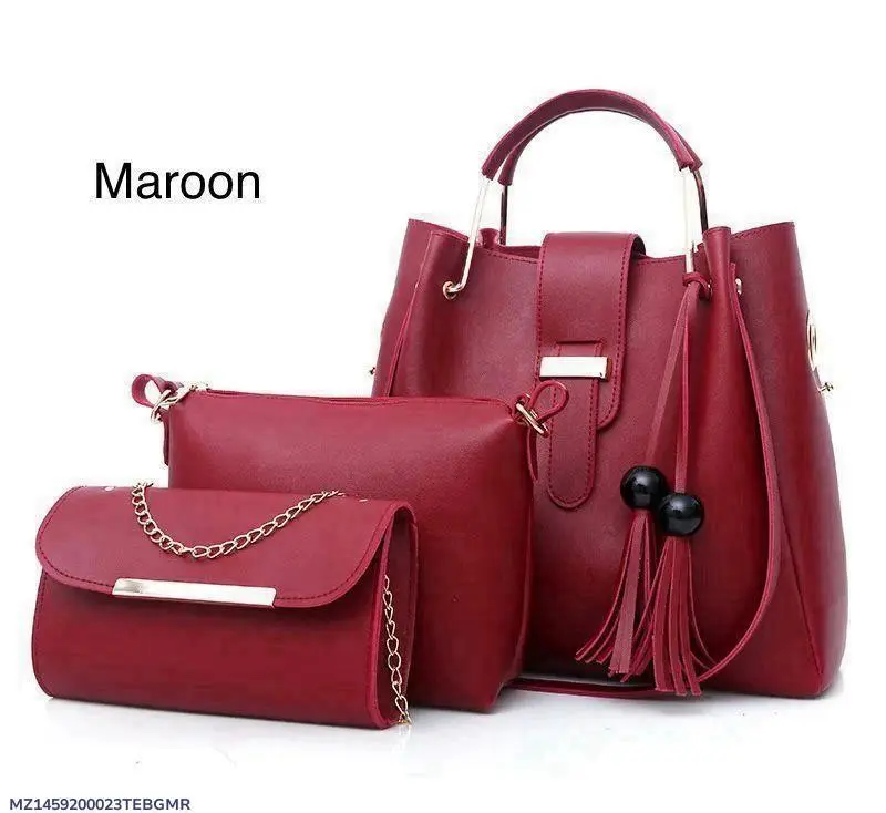 Maroon Leather Handbag Set for Girls 3-Piece School Party Use